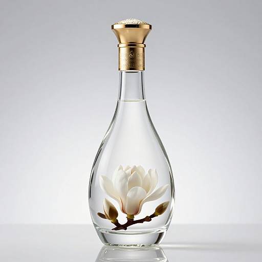 Photograph of a clear glass bottle with a gold cap, featuring a white magnolia flower and brown branches inside.