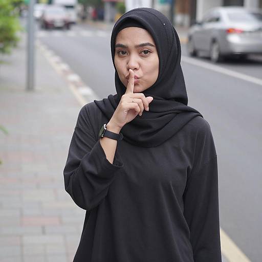 Asian Woman Shushing in Black Hijab