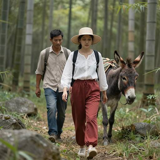 Woman in Forest with Donkey and Hat