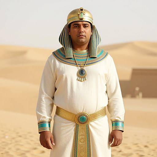 Photograph of a young Middle Eastern man in an Egyptian-style white tunic and headdress with blue and gold accents, standing in a sandy desert background