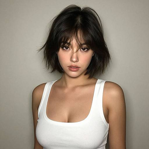 Photograph of an Asian woman with short, messy black hair, wearing a white tank top, against a plain gray background.