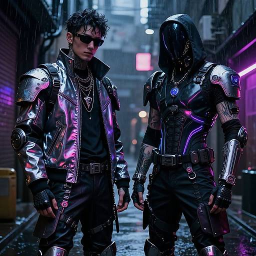 Cyberpunk alley scene: two men in shiny, neon-lit armor jackets, one with a hood, standing under rain, urban lights in background