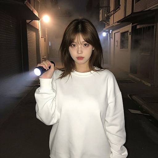 Young Asian woman with straight black hair, wearing a white sweatshirt, holding a flashlight in a dark, foggy alleyway at night.