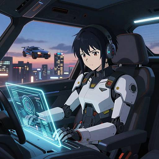 Anime-style digital artwork of a black-haired, male cyborg pilot in a white and black armored suit, operating a glowing blue holographic display in a