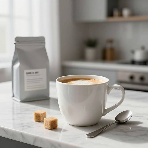 Photograph of a white ceramic cup of frothy coffee on a marble countertop, with a silver spoon, two sugar cubes, and a sealed coffee