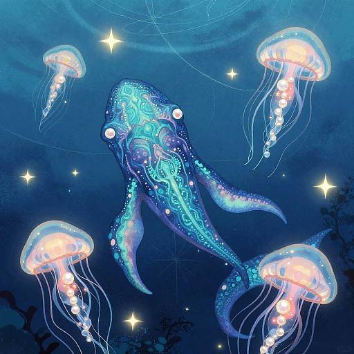 Digital artwork of glowing blue jellyfish with intricate patterns, surrounded by four translucent pink-and-orange jellyfish, in a starlit, deep blue ocean.