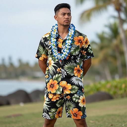 Photograph of a tan-skinned Asian man wearing a black floral shirt and shorts, blue and white flower lei, standing outdoors with blurred tropical background and