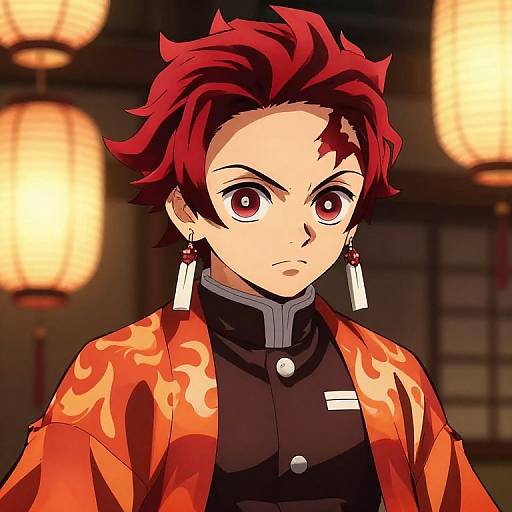 Digital anime-style portrait of a red-haired, intense-eyed character with red floral kimono, black uniform, and white tassel earrings, illuminated by warm