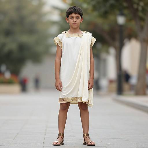 Photograph of a young boy with short black hair, wearing a white Greek-style tunic with gold trim, standing on a blurred, tree-lined street