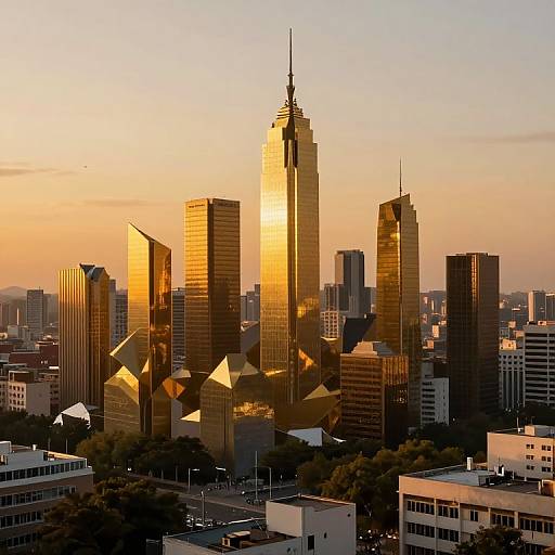 Photograph of a cityscape at sunset, featuring modern skyscrapers with golden sunlight reflections, amidst lower buildings and greenery.