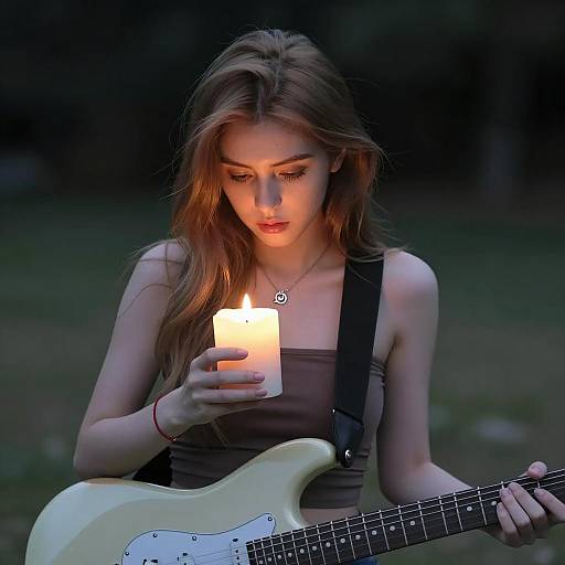 Intense Young Woman with Candle and Guitar