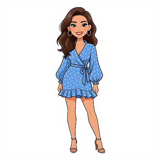 Digital illustration of a smiling woman with long brown hair, wearing a blue polka dot dress, hoop earrings, and brown heels.