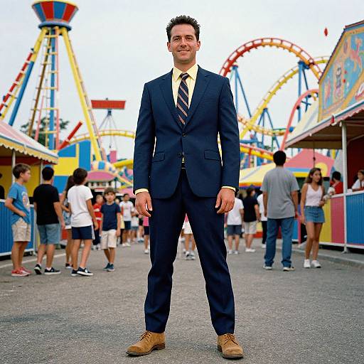 Photograph of a smiling man in a navy suit, striped tie, and brown boots standing in a colorful, busy amusement park.