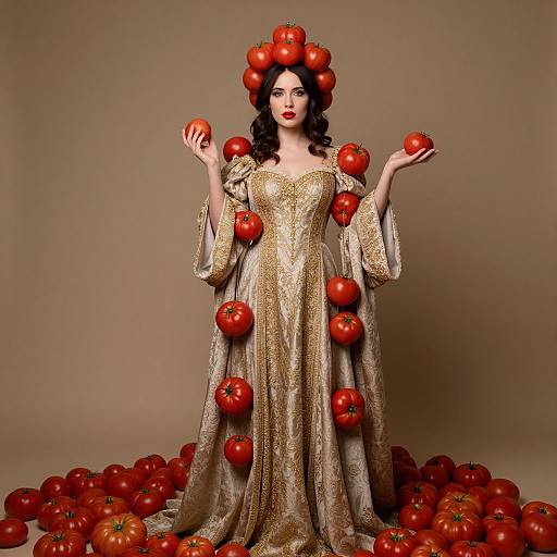 Photograph of a pale-skinned, dark-haired woman in a gold, patterned gown adorned with red tomatoes, holding two tomatoes, with a crown