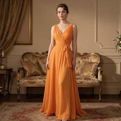 Elegant Woman in Vintage Orange Gown
