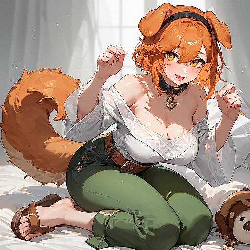 Anime-style digital illustration of a cute, orange-haired, dog-eared girl with large breasts, wearing a white off-shoulder top, green pants