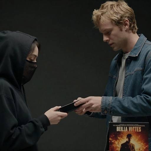 Man handing object to woman in dark hood