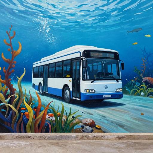 Digital artwork of a white and blue city bus underwater, surrounded by colorful coral and fish, with sunlight filtering through the blue water.
