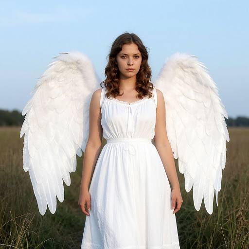 Photograph of a young woman with long brown hair, wearing a white dress and large white angel wings, standing in a grassy field against a clear