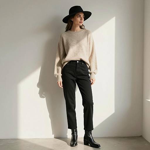 Woman in Beige Sweater and Black Hat