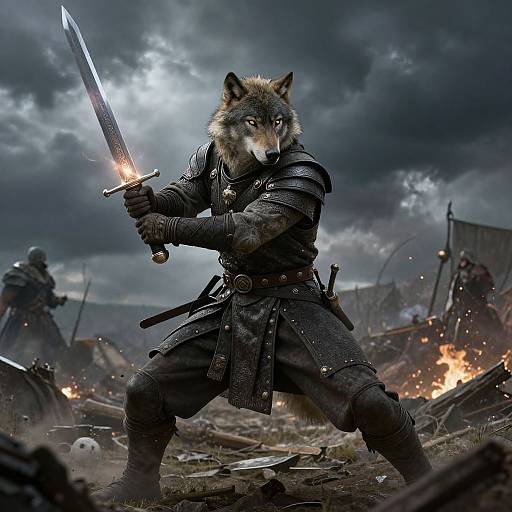 Digital artwork of a fierce, anthropomorphic wolf warrior in dark armor, wielding a glowing sword amid a chaotic battlefield with smoke and flames in the background.
