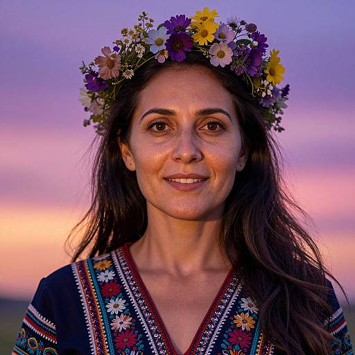 Photograph of a smiling woman with long brown hair, wearing a colorful floral crown and traditional embroidered dress, against a sunset sky.