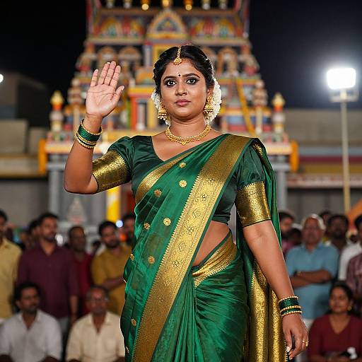Photograph of a South Asian woman in a green and gold traditional sari, waving, with ornate jewelry, in front of a brightly lit,