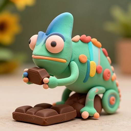Clay Chameleon Figurine Eating Chocolate