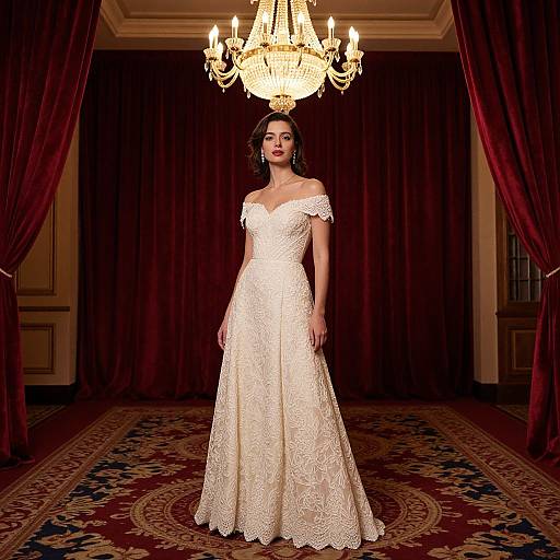 Photograph of a dark-haired woman in an off-the-shoulder, lace wedding gown standing in an elegant room with a chandelier and red curtains