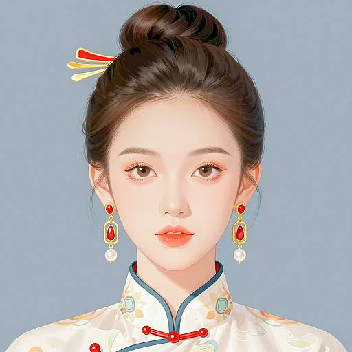 Illustration of Elegant Young Woman in Traditional Attire