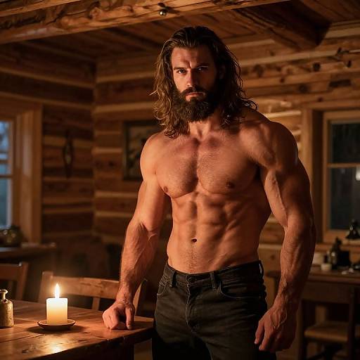 Photograph of a muscular, bearded man with long brown hair standing shirtless in a wooden cabin, illuminated by candlelight, wearing black pants.