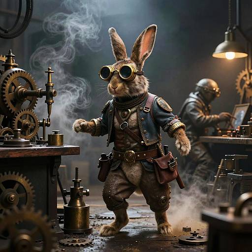 Steampunk Rabbit Engineer in Cyberpunk Workshop