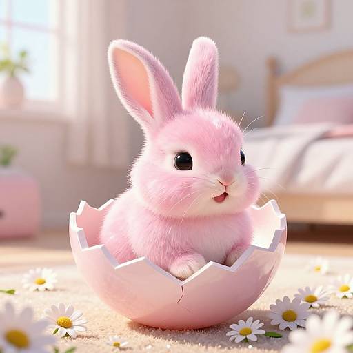 Photorealistic CGI of a cute pink bunny with large ears, black eyes, and fluffy fur, sitting in a broken white egg shell on a carpet
