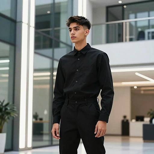 Young Man with Drop Fade Hairstyle in Black Outfit