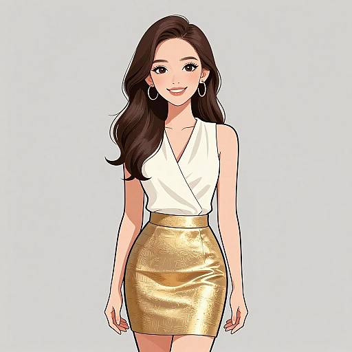 Digital illustration of a smiling Asian woman with long brown hair, wearing a white sleeveless top and a gold textured skirt, large hoop earrings, against a