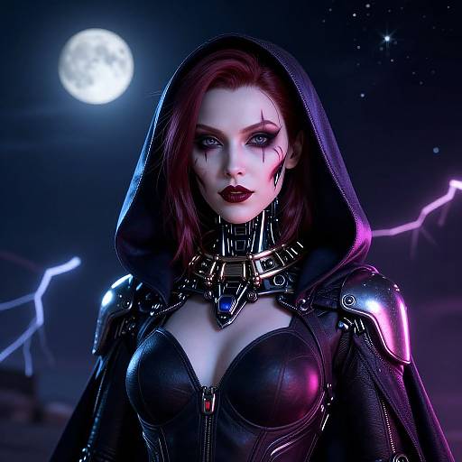 Cyberpunk Woman Under Starry Moon