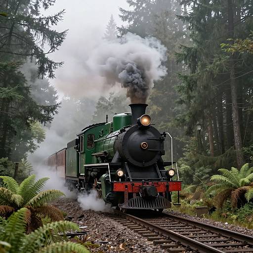 Vintage Green Steam Locomotive in Misty Forest