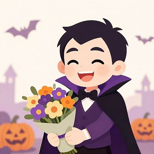Whimsical Vampire Holding Flower Bouquet