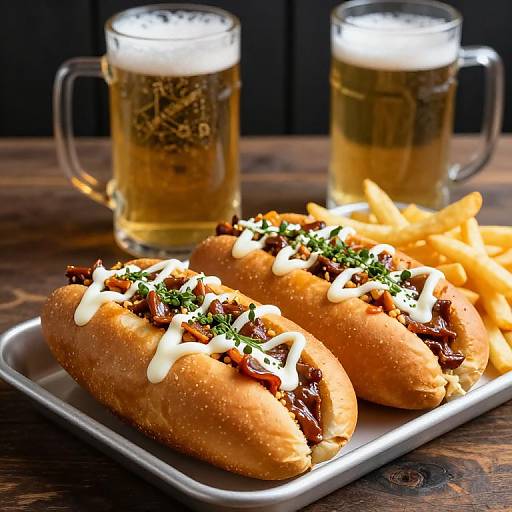 Chili Cheese Dogs with Fries and Beer