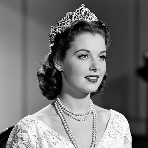 Black-and-white photograph of a 1940s-style woman with dark, wavy hair, wearing a sparkling tiara, pearl necklace, and lace