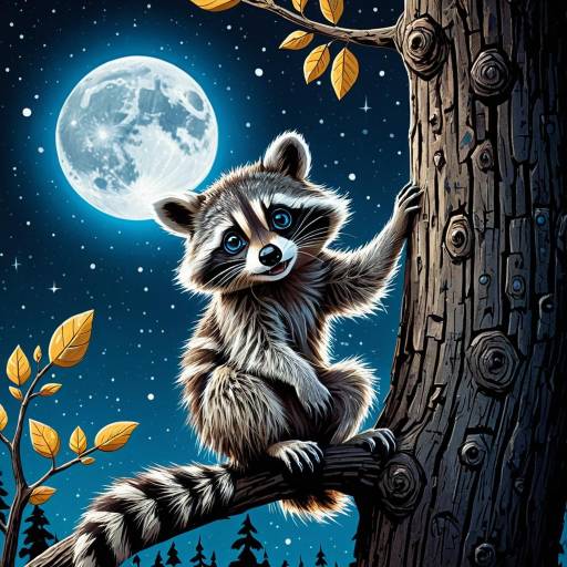 Cute Raccoon Climbing Tree Under Full Moon