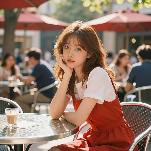 Sunlit Café Scene with Young Woman