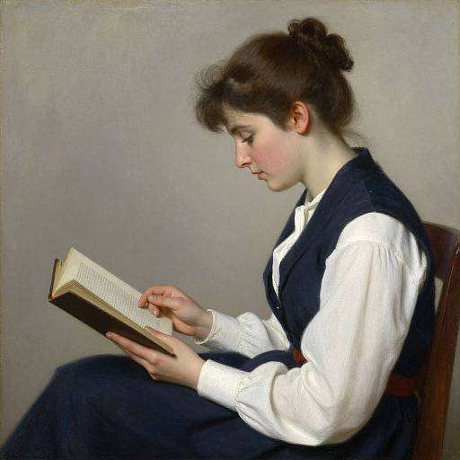 Photorealistic painting of a focused young woman with fair skin, dark hair in a bun, wearing a white blouse and black vest, reading a book