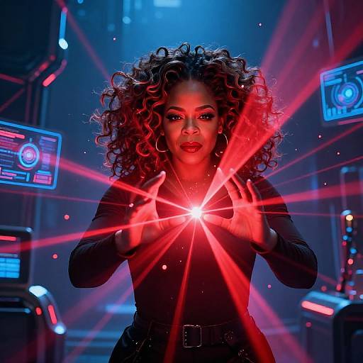 Photograph of a curly-haired woman with glowing red light emanating from her hands, surrounded by futuristic blue and red screens.