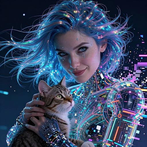 Digital artwork of a blue-lit, smiling woman with glowing hair, holding a tabby cat, surrounded by neon circuitry and digital patterns.