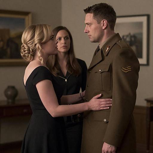 Photograph of a serious military man in brown uniform, flanked by two women; blonde in black dress touching his chest, brunette in black dress observing