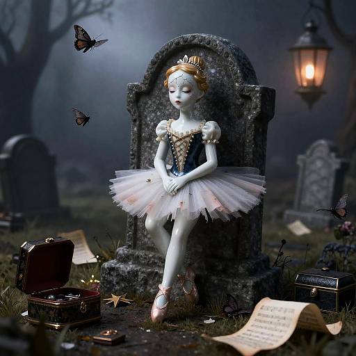 Porcelain Ballerina on Gravestone in Misty Graveyard