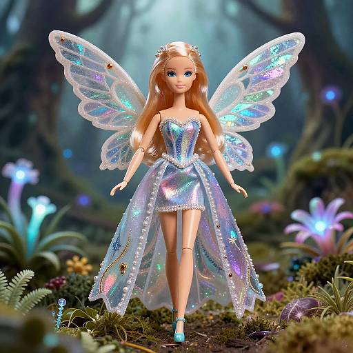 Photorealistic CGI fairy doll with iridescent wings, silver dress, and blue eyes, standing in a magical forest with glowing flowers.