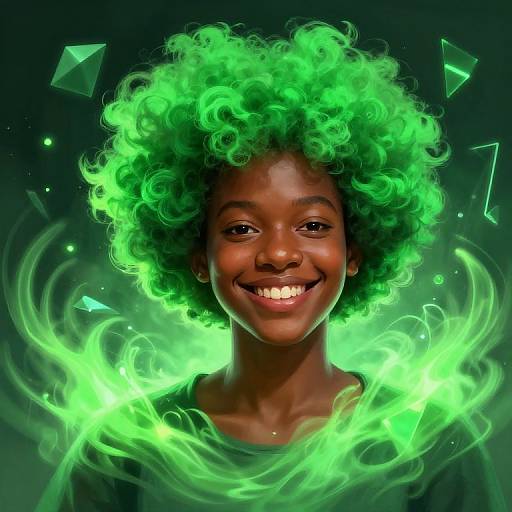 Digital portrait of a smiling Black girl with vibrant green, glowing curly hair, surrounded by neon green energy and floating crystals.