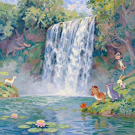 Colorful digital illustration of a lush jungle waterfall, featuring various animals including a deer, bird, duck, rabbit, and giraffe, with lily